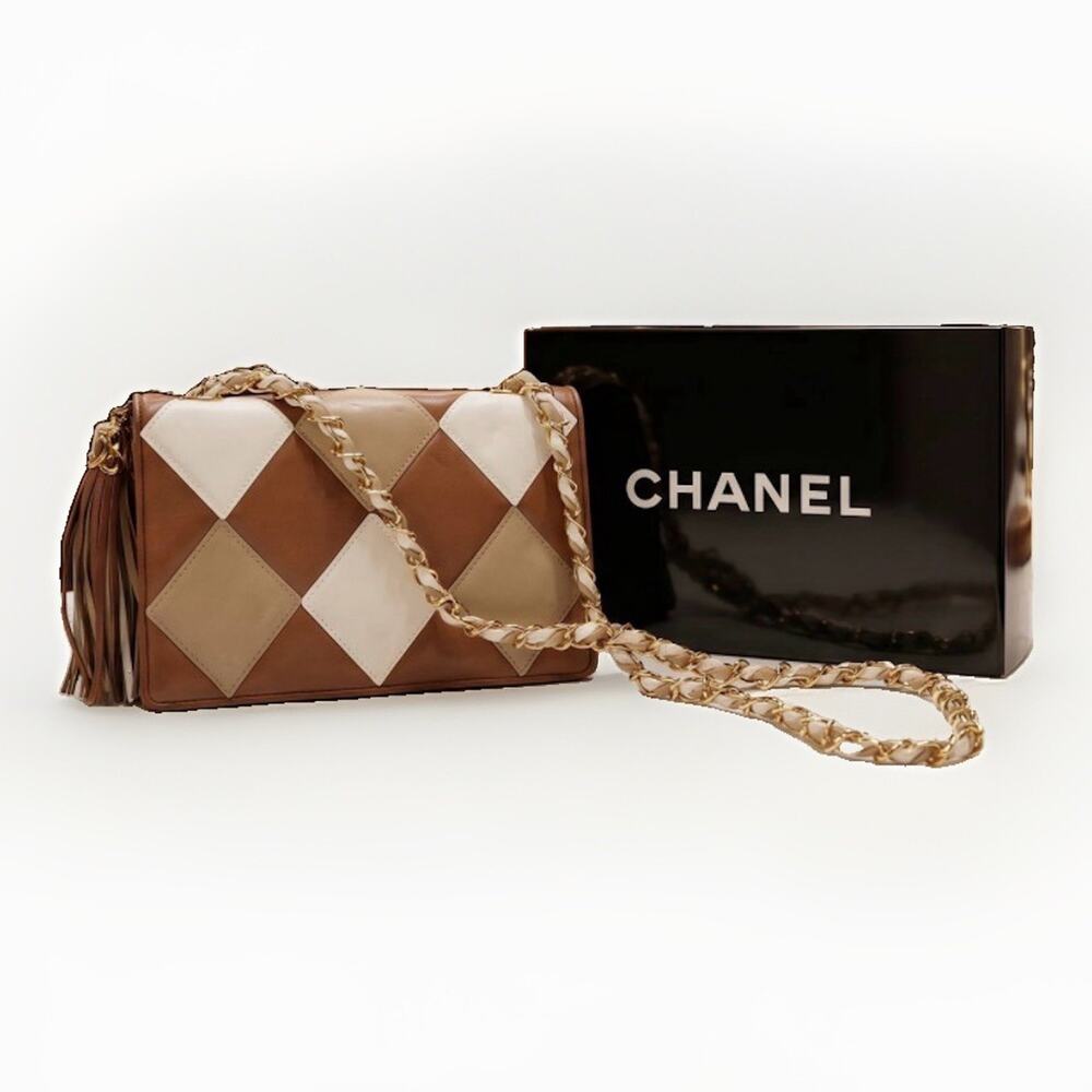 Chanel VINTAGE Arlequin Patchwork Tassel Flap Bag Brown Box Card 1-Series A1700